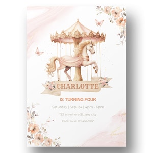 Invito di compleanno a tema circo carnevale, invito a tema luna park, modello di festa stampabile per il 4° compleanno, download digitale modificabile in Canva CP1