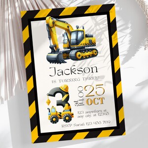 Invito per festa di compleanno a tema costruzione per il terzo anno, modello di invito per festa di camion con escavatore e cassone ribaltabile, modificabile in Canva, dolcetti stampabili CP1