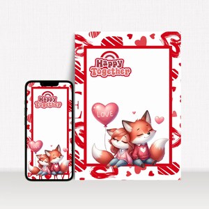 Carte de Saint-Valentin Couple de renard mignon, téléchargement instantané et romance imprimable coeurs et fleurs rouges, carte fantaisiste de vœux sincère V1B