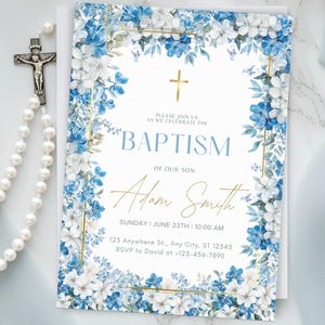 Elegante invitación de bautismo con flores azules / Anuncio de bautizo de bebé imprimible / Bautismo de niño digital, descargable y editable en Canva BC1