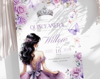 Purple Roses Quinceañera Invitation: Princess Tiara, Editable Template (Digital Download)