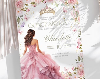 Pink Floral Quinceañera Invitation: Elegant Princess 15th Birthday (Digital Download)