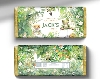 May include: A white chocolate bar wrapper with a jungle theme. The wrapper features green leaves, flowers, and various reptiles, including a snake, a lizard, and a frog. The text on the wrapper reads "Thank you for coming to Jack's Party".