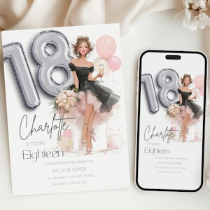 Invitación de 18.º cumpleaños / Invitación digital editable para ella / Diseño elegante de vestido negro / Tema de globos plateados / Descarga instantánea SP1