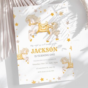 Invito di compleanno a tema circo carnevale, invito a tema luna park color oro pastello, modello di festa stampabile, download digitale modificabile in Canva CP1