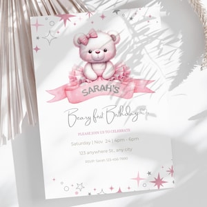 Invito per festa del primo compleanno, invito a tema orsetto rosa, modello di festa stampabile per il primo compleanno, download digitale modificabile in Canva CP1