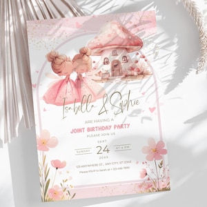 Invitation d'anniversaire de fée jumelle | Fête conjointe de conte de fées rose | Téléchargement numérique modifiable | Faire-part imprimable, fête d'anniversaire des filles FB1