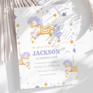 Invito di compleanno a tema circo carnevale, invito a tema luna park blu pastello, modello di festa stampabile, download digitale modificabile in Canva CP1