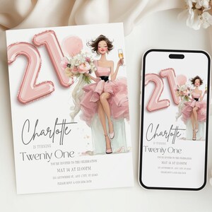 Invitación de cumpleaños número 21 / Invitación digital editable para fiesta / Diseño de globo rosa con temática de mujer elegante / Plantilla imprimible SP1