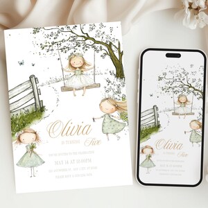 Convite de aniversário editável para menina | Tema balanço e jardim floral | Festa na floresta para imprimir | Modelo de cartão para o 5º aniversário Evite | Edite no Canva FB1