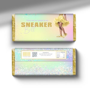 Sneaker Ball Schokoladenverpackung, DIY Gelb Sweet 16 digitale Beine Rüschenrock Tutu Candy Bar Favor Sofort Download bearbeitbare Vorlage RS1