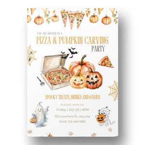 Pizza & Pumpkin Carving Party Invite, Spooky Theme Fall Fun Night Invitation, Editable in Canva  Template, Printable Instant Download HP1