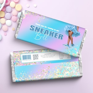 Sneaker Ball Schokoladenverpackung, DIY Blau Sweet 16 digitale Beine Rüschenrock Tutu Candy Bar Favor Sofort Download bearbeitbare Vorlage RS1