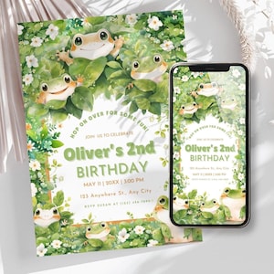 Invito di compleanno a forma di rana / Tema carino della foresta verde / Modificabile in download digitale Canva / Invito per feste per bambini / Divertente celebrazione degli anfibi GF1