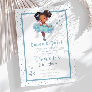 Ballerina 5th Birthday Invitation, Editable Blue Hearts Invite Kids Dance Party Decor,Printable Template Digital Download, Edit in Canva BP1