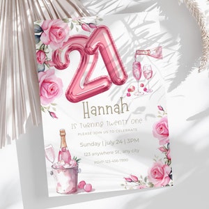 Faire-part 21e anniversaire personnalisé, personnalisable 21e fête d'invitation, design floral et ballons Imprimable en téléchargement numérique, édition sur Canva PB1