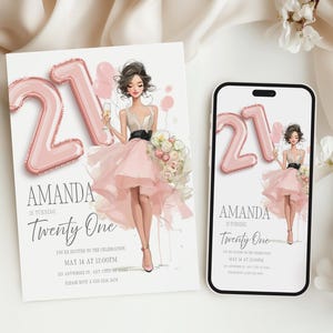Invitación de cumpleaños número 21 / Invitación digital editable para fiesta / Diseño de globo rosa con temática de mujer elegante / Plantilla imprimible SP1