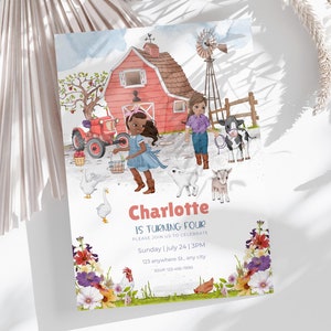 May include: A watercolour illustration of a farm scene with a red barn, a tractor, a windmill, and two girls. The text "Charlotte is turning four" is written on the invitation. The invitation is decorated with flowers.