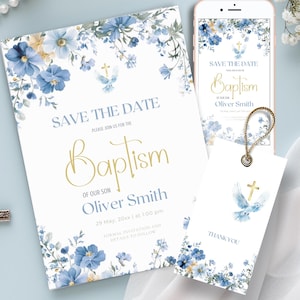 Faire gagner la date de baptême floral bleu | Étiquette-cadeau bébé garçon/fille | Modèle de baptême religieux Evite, modifiable sur Canva, BC1
