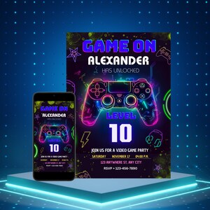 Neon Glow Video Game 10th Birthday Party Invitation Printable Template,Digital Boy Gamer, Arcade Gamer Invite Instant Download,Tenth  GAM1