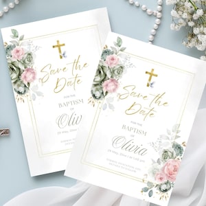 Taufe Save The Date Vorlage, Sage Green Mädchen / Jungen Taufkarte, bedruckbar Taufe einladen, Sofort Download und bearbeitbar in Canva, BC1