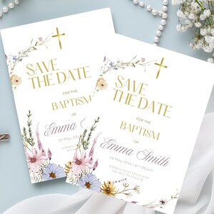 Modello Save The Date per il battesimo, biglietto di battesimo per bambine/bambini con fiori di campo, invito stampabile per il battesimo, download immediato e modificabile in Canva, BC1