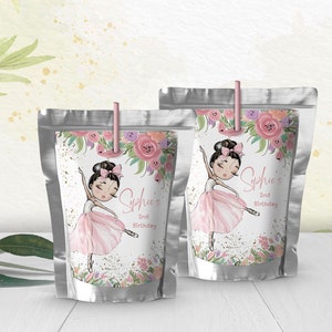May include: Two silver juice pouches with pink floral designs and a ballerina illustration. The text on the pouches reads "Sophie's 2nd Birthday".