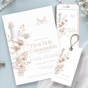 Faire-part de première communion, modèle modifiable croix florale en or, invitation à une cérémonie religieuse, téléchargement imprimable sur Canva, BC1