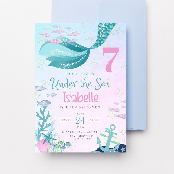 Mermaid Tail Under the Sea 7th Birthday Invitation, DIY Editable and Printable Template, Instant Download Birthday Splash Sea Party, MM1