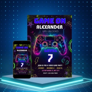 Neon Glow Video Game 7th Birthday Party Invitation Printable Template,Digital Boy Gamer, Arcade Gamer Invite Instant Download,Seventh  GAM1