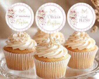 Adorno floral rosa para cupcakes de bautizo, plantilla imprimible de agradecimiento religioso para fiesta de bautizo de niño, editable