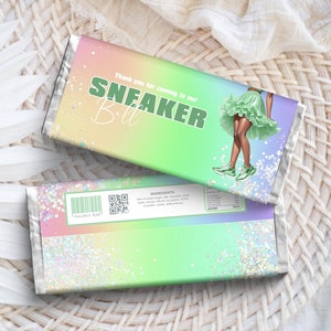 Sneaker Ball Schokoladenverpackung, DIY Grün süß 16 digital Beine Rüschenrock Tutu Candy Bar Favor Sofort Download bearbeitbare Vorlage RS1