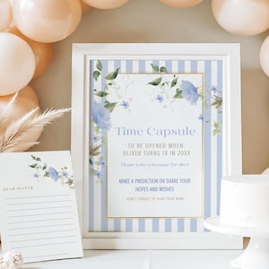 1歳の誕生日タイムカプセルサイン • 編集可能な記念品印刷可能 • 青い1歳の誕生日メッセージサイン • 赤ちゃんの思い出カプセルテーブルサイン