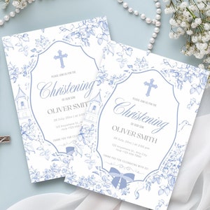 Faire-part de baptême toile de Jouy, motif floral bleu, modèle de baptême religieux vintage, téléchargement immédiat et modifiable sur Canva, BC1