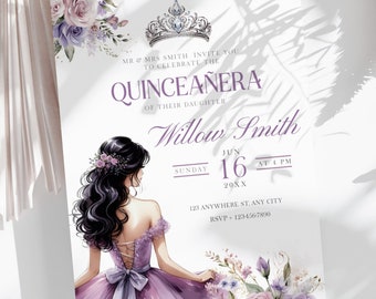 Purple Quinceañera Invitation Template: Lilac Flowers, DIY Printable (Canva)