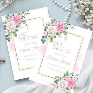 Modello Save The Date per il Battesimo Chic Pink, biglietto di battesimo personalizzato per bambina, battesimo stampabile, download immediato e modificabile in Canva, BC1