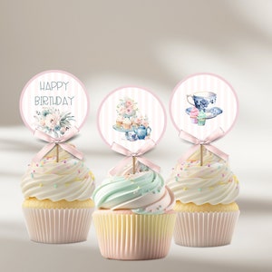Bearbeitbare Teeparty-Geburtstags-Cupcake-Topper-Vorlage, Geburtstagsdekoration, DIY-Partygeschenke, druckbarer digitaler Download, bearbeitbar in Canva HT1