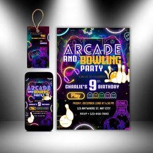 Arcade Bowling 9th Birthday Invitation: Gamer Party (Digital Download)