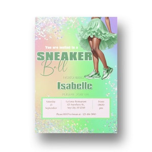 Sneaker Ball Einladung, DIY Grün Sweet 16 digitale Beine Rüschenrock Tutu Sneaker Ball einladen Sofortiger Download bearbeitbare Vorlage RS1