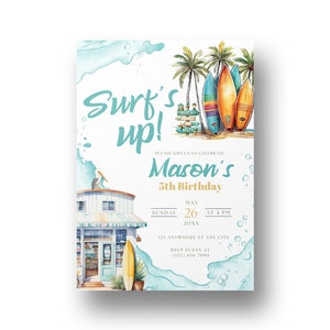 Surfs Up 5th Birthday Invitation Template, Editable Digital Download for Surf Themed Party Printable Instant Download Edit in Canva MM1