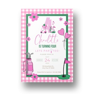 Golf Girl Birthday Party Invitation, Let the Girls Have a Ball on the Green, Hole-in-One Pink golf invite, Editable in Canva, Printable GP1