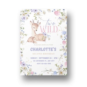 Editable Deer Birthday Invite with Wildflower Accents | 2nd Birthday Invitation | Printable Woodland Deer Party Invite | Instant Download
