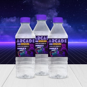 Water Bottle Bowling and Arcade Label Party Favor Template, Printable birthday,Instant Download, Canva Template Party Gift Idea Labels GAM1