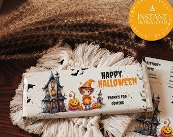 Halloween Chocolate Bar Wrapper, Black and Orange Label, DIY Thank You Favor for Kids, INSTANT DOWNLOAD, Canva, Classroom Gift HP1