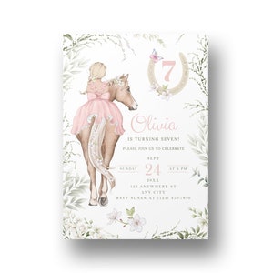 Convites para festa de 7º aniversário com tema de cavalo, Passeio a cavalo, Sétimo aniversário, Festa com tema de cavalo, Convite inspirado em pônei, Equestre, PP1