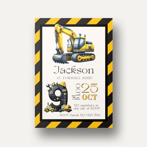 Invito alla festa del 9° compleanno a tema di costruzione, modello di invito per costruttore di camion con cassone ribaltabile scavatore modificabile in Canva, dolcetti stampabili CP1