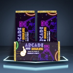 May include: A set of three chocolate bar wrappers with a neon arcade and bowling theme. The wrappers are black with neon pink and yellow accents. The text on the wrappers reads "Arcade and Bowling" and "Thanks for coming to Charlie's Party".