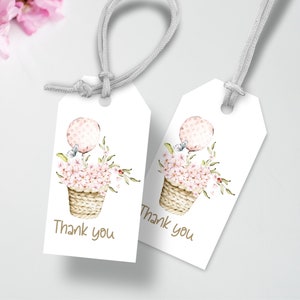 Merci Baby Shower Pink Flora/ Balloon/Coccinelle Gift Tag Téléchargement instantané, Étiquettes de faveur, Swag Goodie Bag Merci Cadeaux, Imprimer à la maison, BS1