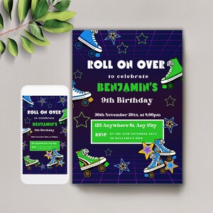 Fête d'anniversaire de 9e anniversaire de patinage à roulettes pour garçon, Invitation à une fête d'anniversaire de 9e anniversaire de patins à roulettes, Invitation à une fête d'anniversaire de neuvième anniversaire de patins à roulettes imprimables, RS1