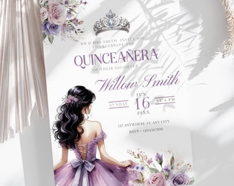 Purple Quinceanera Invitation Template Lilac Flowers DIY Printable Canva Elegant Floral Sweet Fifteen Party Royal Princess